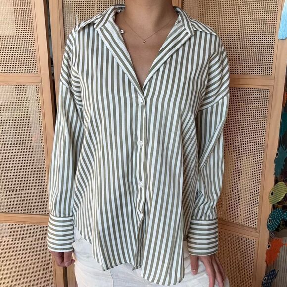 zara green and white striped long sleeve blouse boxy button up size small - Picture 1 of 7